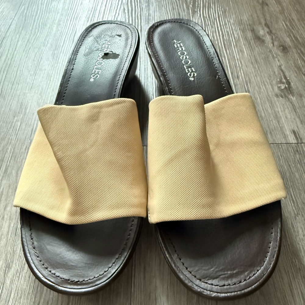AEROSOLES Tan Beige Slide Mules with Brown Footbed